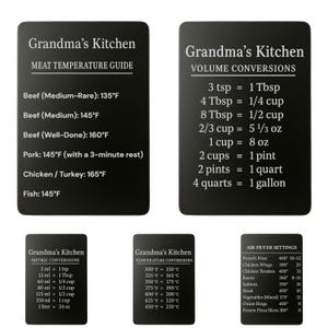 May include: A collection of black rectangular kitchen conversion charts with white text. The charts include meat temperature guides, volume conversions, metric conversions, temperature conversions, and air fryer settings. The text reads "Grandma's Kitchen".