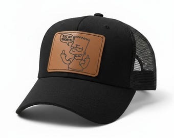 Funny Cartoon Parody Hat | “Eat My Shorts” Leather Patch Trucker Cap | Adult Humor Mesh Hat | Retro Style Gift for Men & Women
