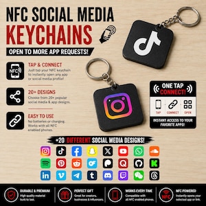 May include: Two square black NFC keychains featuring white TikTok and colorful Instagram logos. The image includes text detailing NFC social media connectivity, instructions for use, and a grid displaying over twenty different social media app icons.