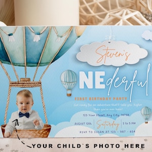 Convite de aniversário personalizado para menino - Convite com foto de balão de ar quente azul, convite para festa para impressão, cartão de aniversário personalizado