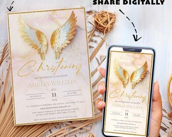 Christening Invitation, Golden wings, Baptism Invite, Easy to edit and send