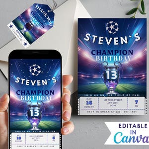 Puede incluir: Plantilla de invitación de cumpleaños editable con temática de fútbol para un niño de 13 años. La invitación presenta un fondo azul y morado con un balón de fútbol, un trofeo y el texto "Steven's Champion Birthday 13 Stars". La invitación también incluye un diseño de estilo boleto con el texto "Join us on the field of fun: May 16, Sunday, 7 PM".