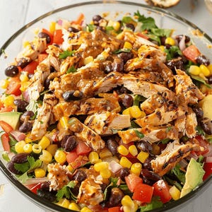 Puede incluir: Un primer plano de un bol de ensalada lleno de una ensalada colorida. La ensalada incluye maíz, frijoles negros, tomates, aguacate y pollo a la parrilla. El pollo está cubierto con un aderezo cremoso.