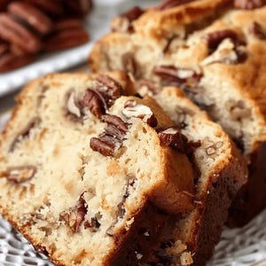 Könnte beinhalten: Ein Laib Pecan-Brot, auf einem weißen Teller mit dekorativem Muster geschnitten. Das Brot ist hellbraun und hat eine goldene Kruste. Die Pecannüsse sind im ganzen Brot sichtbar.