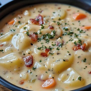 Peut inclure: Un bol de soupe crémeuse à la pomme de terre avec du bacon, des carottes et du persil. La soupe est de couleur jaune clair et les ingrédients sont visibles partout.