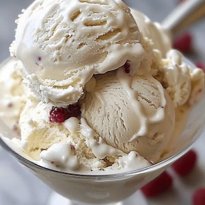 Può includere: Primo piano di una coppa gelato piena di palline di gelato alla vaniglia, con bacche rosse visibili. Il gelato è bianco crema con una superficie leggermente strutturata e si sta sciogliendo leggermente. Il bicchiere è trasparente e ci sono alcune bacche sparse.