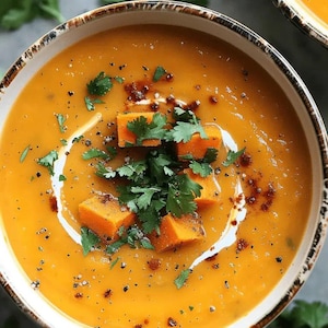 Peut inclure: Un bol de soupe à la courge butternut orange surmonté de coriandre fraîche et de dés de courge butternut. La soupe est assaisonnée de poivre noir et d'une pincée d'épices brunes.