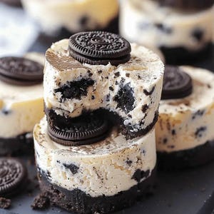 Op de afbeelding: Een stapel mini cheesecakes bedekt met Oreo-koekjes. De cheesecakes staan op een donkergrijs oppervlak.
