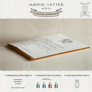 Plantilla de carta de gato mágico: 4 opciones de color / Invitación / Carta de aceptación / Editable en Canva / Descarga digital / Temática animal