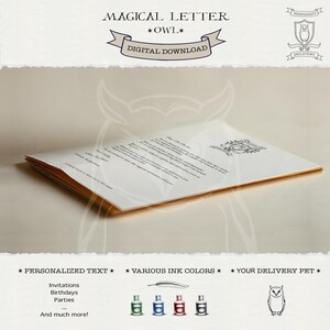 Plantilla de carta de búho mágico: 4 opciones de color / Invitación / Carta de aceptación / Editable en Canva / Descarga digital / Temática animal