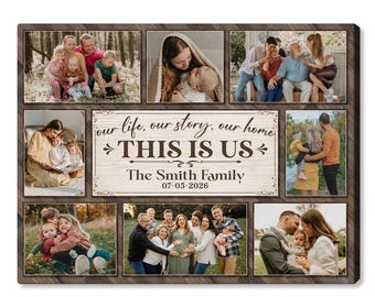 Lienzo con collage de fotos familiares personalizado, decoración rústica de pared de granja, letrero con nombre personalizado