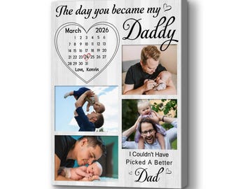 Personalized Daddy Photo Collage Canvas, Custom Birth Date Calendar Print