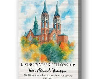 Lienzo de acuarela con retrato de iglesia personalizado, regalo de agradecimiento para pastores, arte mural cristiano para jubilados, ordenaciones e instauraciones.