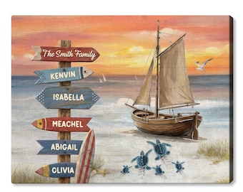 Letrero personalizado para la familia en la playa, arte mural personalizado de puesta de sol en el océano, decoración náutica de tortugas