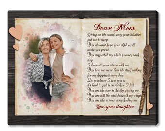 Lienzo personalizado para mamá, retrato fotográfico en acuarela, poema personalizado, estilo libro vintage.