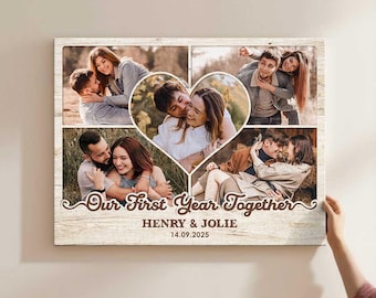 Lienzo personalizado con collage de fotos del primer año juntos: estilo rústico de granja, nuestro regalo para el primer año.