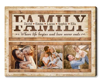 Lienzo de collage de fotos familiares personalizado: estilo rústico con acuarela