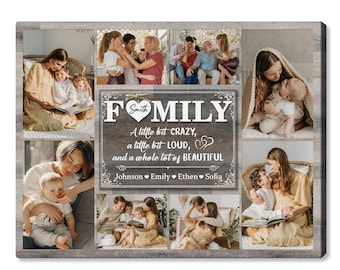 May include: A family photo collage with multiple images of family members. The central image features the word "FAMILY" with the family name "Smith" and the quote "A little bit crazy, a little bit loud, and a whole lot of beautiful."