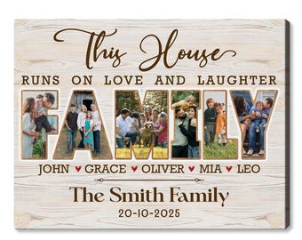 Lienzo familiar personalizado: "Esta casa se rige por el amor y la risa"