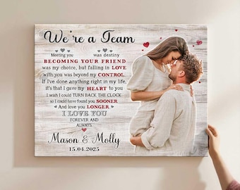 Impresión en lienzo con foto de pareja personalizada: frase de amor, nombres y fecha