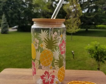 Pineapple Hibiscus Glass Tumbler with Bamboo Lid and Straw, Tropical Iced Coffee Cup