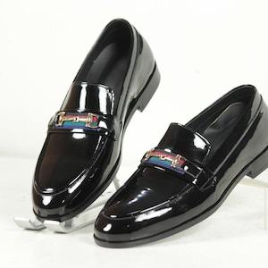 Handmade Black Color Genuine Patent Leather Stylish Apron Toe Horse Bit Slip On Shoes For Men's