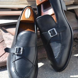 Handmade Black Color Genuine Leather Stylish Apron Toe Roll Over Monk Strap Shoes For Men's