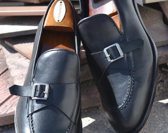 Handmade Black Leather Monk Strap Shoes: Apron Toe Dress Shoes