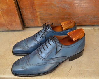 Handmade Blue Leather Wingtip Brogue Oxfords