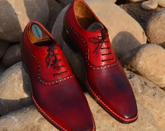 Scarpe Derby stringate eleganti in pelle di vitello originale color bordeaux e rosso, fatte a mano, per uomo