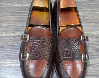 Handmade Brown Color Genuine Alligator Textured Leather Stylish Belgian Monk Strap Shoes For Men's