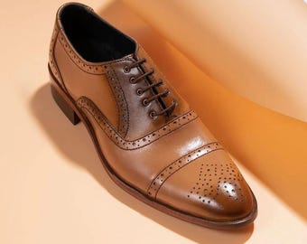 Handmade Mustard Leather Oxfords: Cap Toe Brogue Shoes