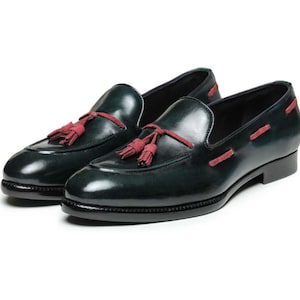 Handmade Black Color Genuine Leather Stylish Apron Toe Red Tussle Slip On Loafers  Shoes For Men's