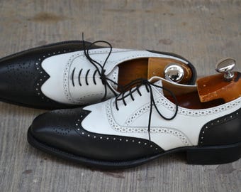 Handmade White & Black Leather Wingtip Oxfords: Goodyear Welted Brogues