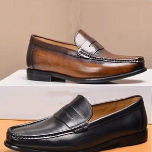 Handmade Black, Brown Color Genuine Calf Leather Stylish Apron Toe Slip On Penny Loafers Shoes For Men's