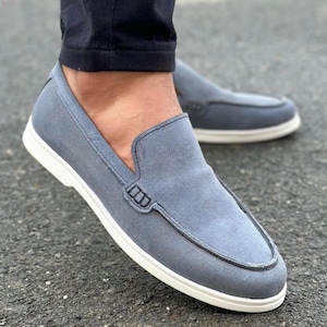 Handmade Sky Blue Color Genuine Leather Suede Stylish Apron Toe Slip On Loafers Shoes For Men's
