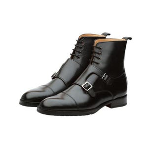 Handmade Black Color Original Calf Leather Stylish Double Buckle High Ankle Cap Toe Lace Up Military Style Boots For Men&#39;s
