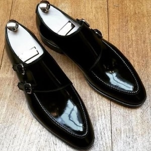 Handmade Black Color Genuine Patent Leather Stylish Apron Toe Double Monk Strap Shoes For Men's