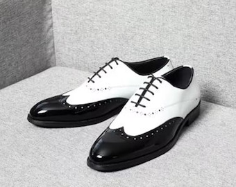 Handmade White & Black Color Genuine Calf Leather Stylish Wing Tip Lace Up Oxfords Shoes For Men's