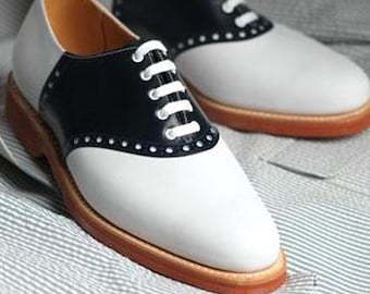 Handmade Black & White Color Original Calf Leather Stylish Lace Up Derby Shoes For Men's