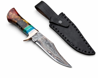 Hand-Forged Copper Damascus Bowie Knife | Resin Turquoise Handle, 12 Inch Hunting Knife