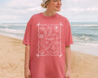 Comfort Colors® Coquette Seashell Shirt, Comfort Colors Coastal Summer Tee, Beachy Shell Swim Shirt, Trendy Shellfish Gift, Ocean Bow Tshirt