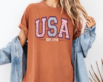 Comfort Colors®  Floral USA Shirt, American Girl Shirt, USA Est 1776 Shirt, Girly 4th of July Shirt, Patriotic Women Shirt, Flower USA Shirt