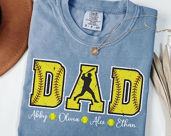 Comfort Colors® Custom Softball Dad Shirt With Kids Name, Custom Dad Shirt, Softball Dad Gift, Softball Season Tee, Fathers Day Gift