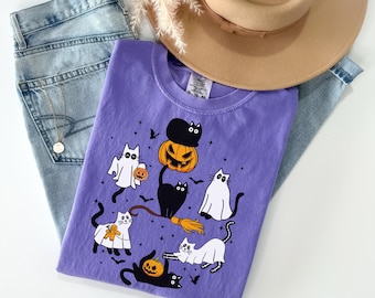 Comfort Colors® Ghost Cat Shirt, Cat Ghost T-Shirt, Cute Cat Lovers Shirt, Retro Ghost Halloween, Halloween Cat T-shirt, Halloween Gifts