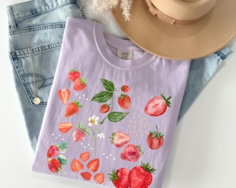 Comfort Colors® Cute Strawberry Tshirt, Summer Strawberry Shirt, Cottagecore Berries Tshirt, Strawberry Aesthetic, Botanical Garden Tshirt