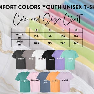 May include: Youth unisex t-shirt size chart with measurements in inches. The chart shows the width and length of the shirt in sizes S, M, L, and XL. The chart is surrounded by a variety of colored t-shirts in different colors, including pepper, grey, white, black, violet, chalky mint, seafoam, blossom, blue jean, melon, and orchid.