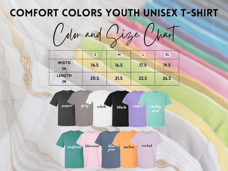 May include: Youth unisex t-shirt size chart with measurements in inches. The chart shows the width and length of the shirt in sizes S, M, L, and XL. The chart is surrounded by a variety of colored t-shirts in different colors, including pepper, grey, white, black, violet, chalky mint, seafoam, blossom, blue jean, melon, and orchid.