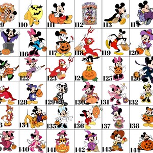 May include: A collection of Halloween-themed Mickey Mouse and Minnie Mouse character illustrations. The images feature the characters in various costumes, including witches, devils, and skeletons, with pumpkins and other Halloween elements. The images are numbered from 109 to 144.