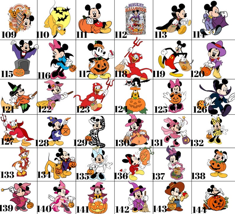 May include: A collection of Halloween-themed Mickey Mouse and Minnie Mouse character illustrations. The images feature the characters in various costumes, including witches, devils, and skeletons, with pumpkins and other Halloween elements. The images are numbered from 109 to 144.